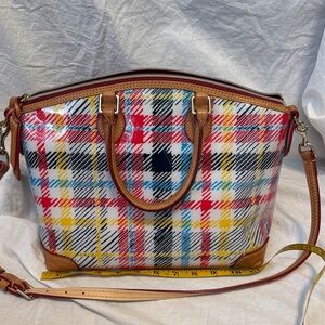 Dooney Chatham Multicolor Plaid Satchel Bag with Tan Trim